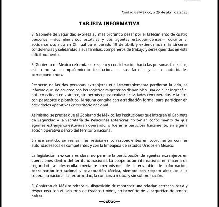 Gobierno de México informa sobre accidente con agentes extranjeros en Chihuahua