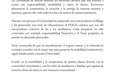 Universidad de Sonora presenta propuesta económica en revisión salarial con STAUS